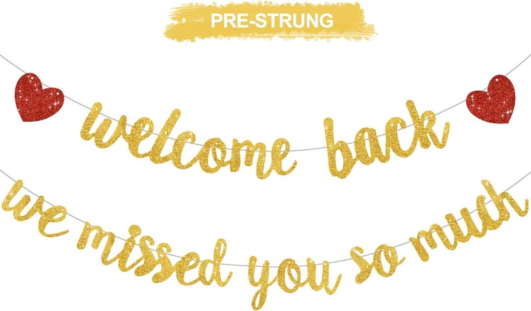 Glitter Gold Welcome Back We Missed You So Much Banner,NO DIY,for Welcome Home Celebration Decorations Family Gathering,Back to School Events Military Homecoming Decoration