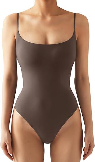 SUUKSESS Women Sexy Square Neck Thong Bodysuit Backless Cami Bodysuit Top (Brown, Medium)