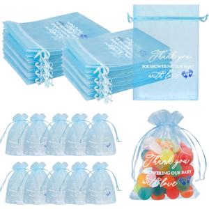 Jspupifip 100 Pcs Baby Shower Thank You Gift Bags Sheer Organza Bags, 4x6 Inch Baby Shower Blue Boy Favor Bags Small Sheer Organza Bags Bulk for Guests Gender Reveal Baby Shower Party Favors