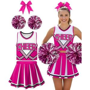 JenPen Women's Cheerleader Costume Halloween High School Cheerleading Outfit Teen Girl Musical Cheer Uniform Hair Bow Pom Pom, L