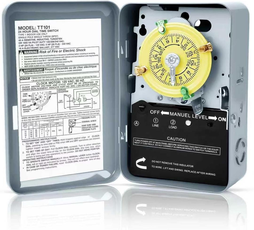 T101 Mechanical Timer Switch,120V 40A SPST,2HP for Outdoor Light Timer, Water Heater, HVAC & Pool Pump 12 ON/Off Cycles, Switch T101 for Light Lighting Water Heater Fan and HVAC Systems