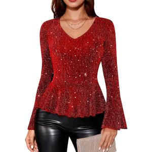 Sparkly Tops for Women Long Sleeve V Neck Ruffle Hem Sequin Shirts Glitter Blouses Evening Party Night (Medium, Burgundy)