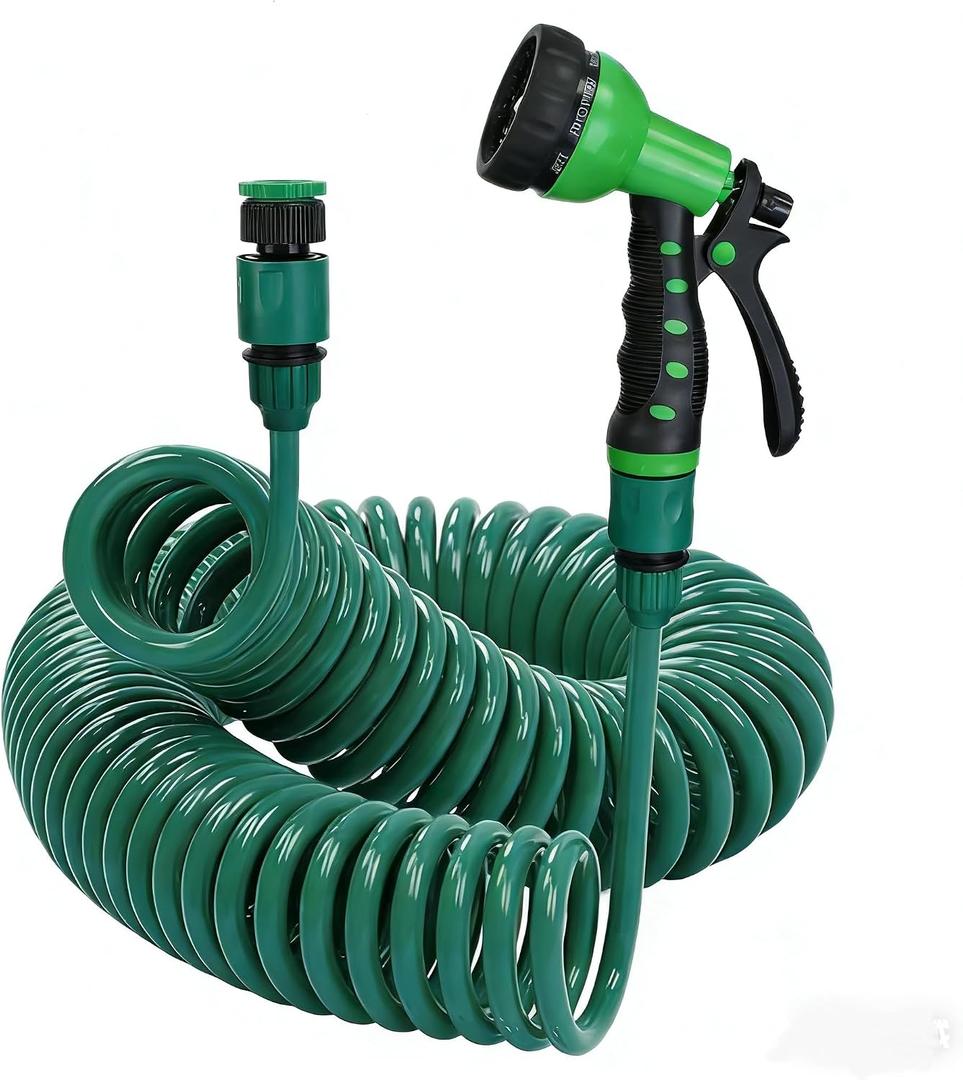 Retractable Garden Hose 66 FT, EVA Flexible Curly Water Pipes with 7-Pattern Spray Nozzle for Boat, Greenhouse, Yard, Patio, Green