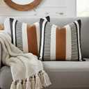 Set of 2 Black White Boho Pillow Cover with Leather Modern Couch Pillow Covers 22x22 inch Farmhouse Stripe Pillowcase for Couch Bed, Black