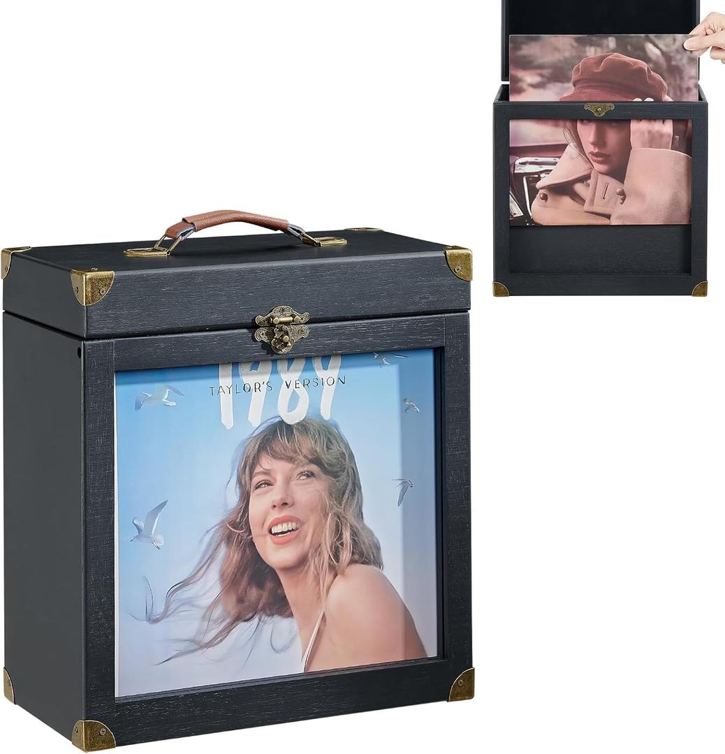 Vinyl Record Storage, Solid Wood Vinyl Record Box with Display Window Fits Standard Records- 7/10 Inch, (Upgrade Latch) Record Storage Case Hold 30-35 Records (Black)