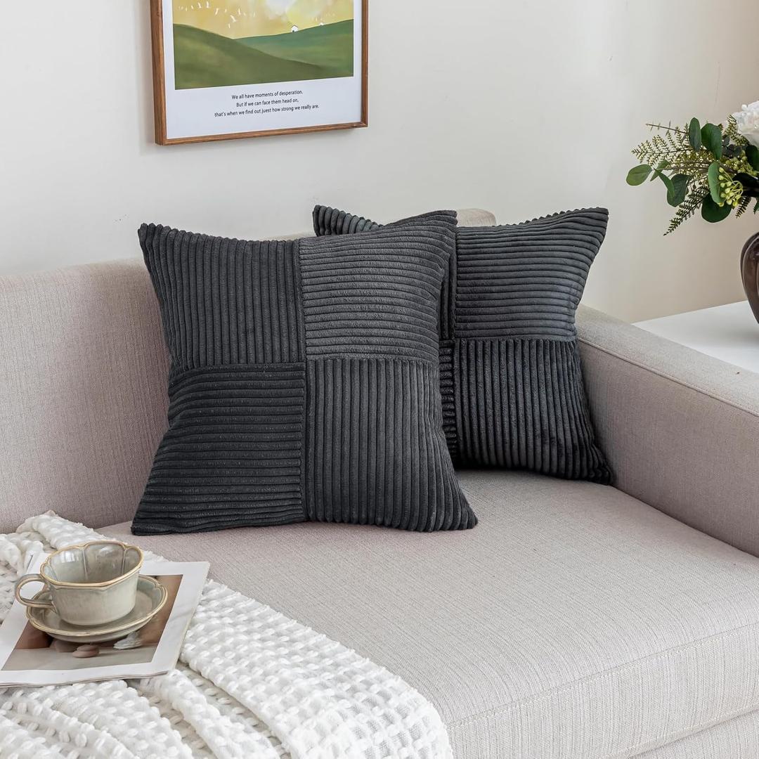 Grey Corduroy Throw Pillow Covers Set of 2 Boho Decorative Spliced Cushion Covers Farmhouse Modern Home Decor for Sofa Living Room Couch Bed (18x18 Inch)