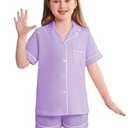 Veseacky Night Wear for Girls Cotton Comfort Two Piece Pajamas Short Sleeved Young Kids Pjs for Ages 5-14 (Purple, 120)