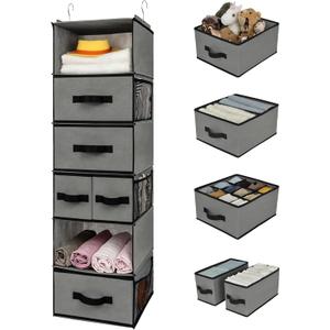 GRANNY SAYS Hanging Closet Organizer 6 Shelves, Closet Organizers and Storage with 5 Drawers, 6 Side Pockets Closet Hanging Organizer, Hanging Storage Organizer for Closet, Baby Clothes, Gray (Inseparable)
