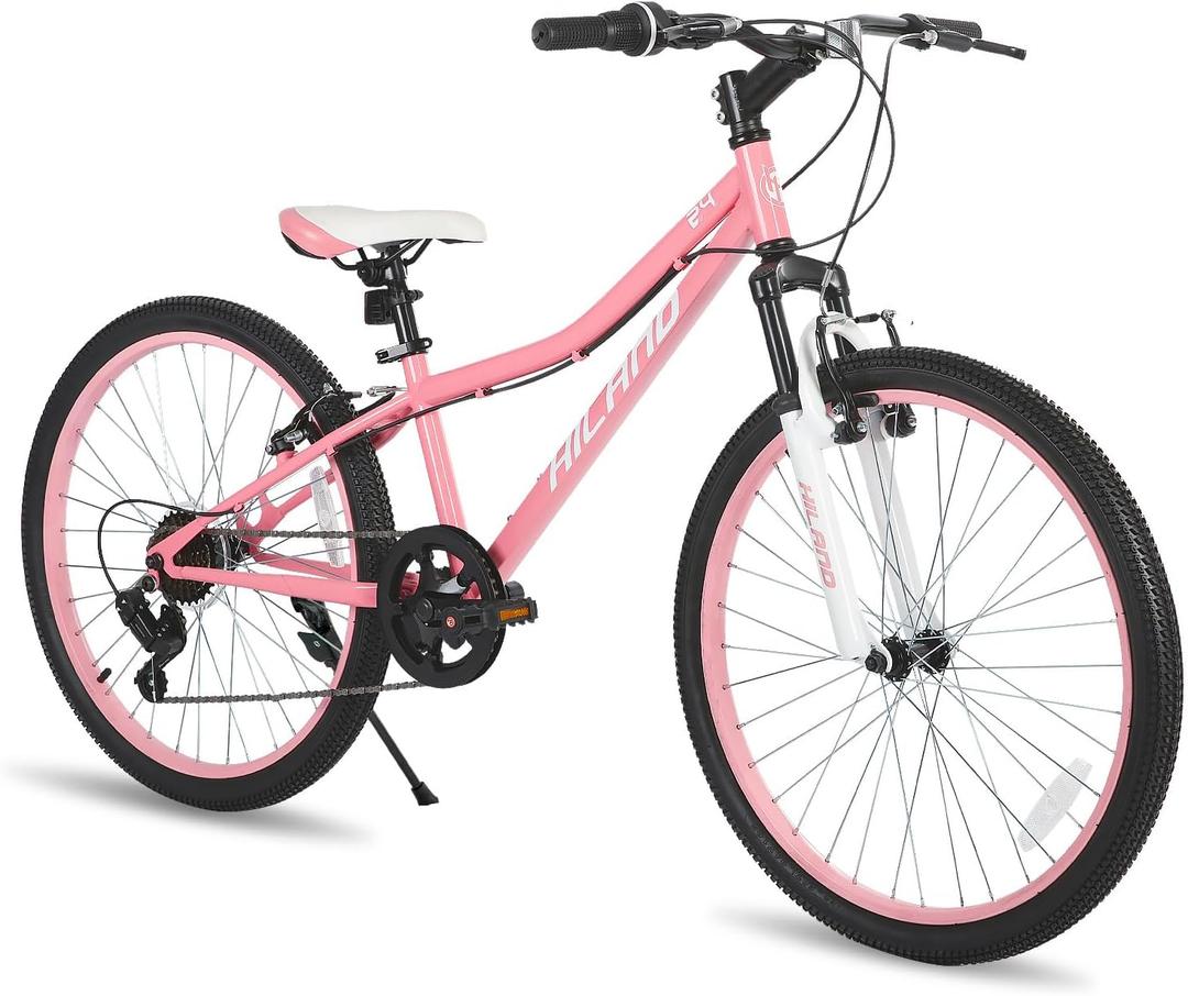Hiland 24 Inch Mountain Bike for Kids Age 5 + Year Old, Front Suspension Fork Kids' Bicycles for Boys Girls, Pink