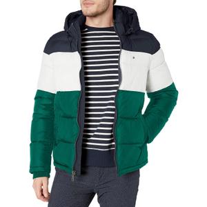 Tommy Hilfiger Men's Down Alternative Hooded Puffer Jacket (Standard and Big & Tall) (XX-Large, Green Color Block)