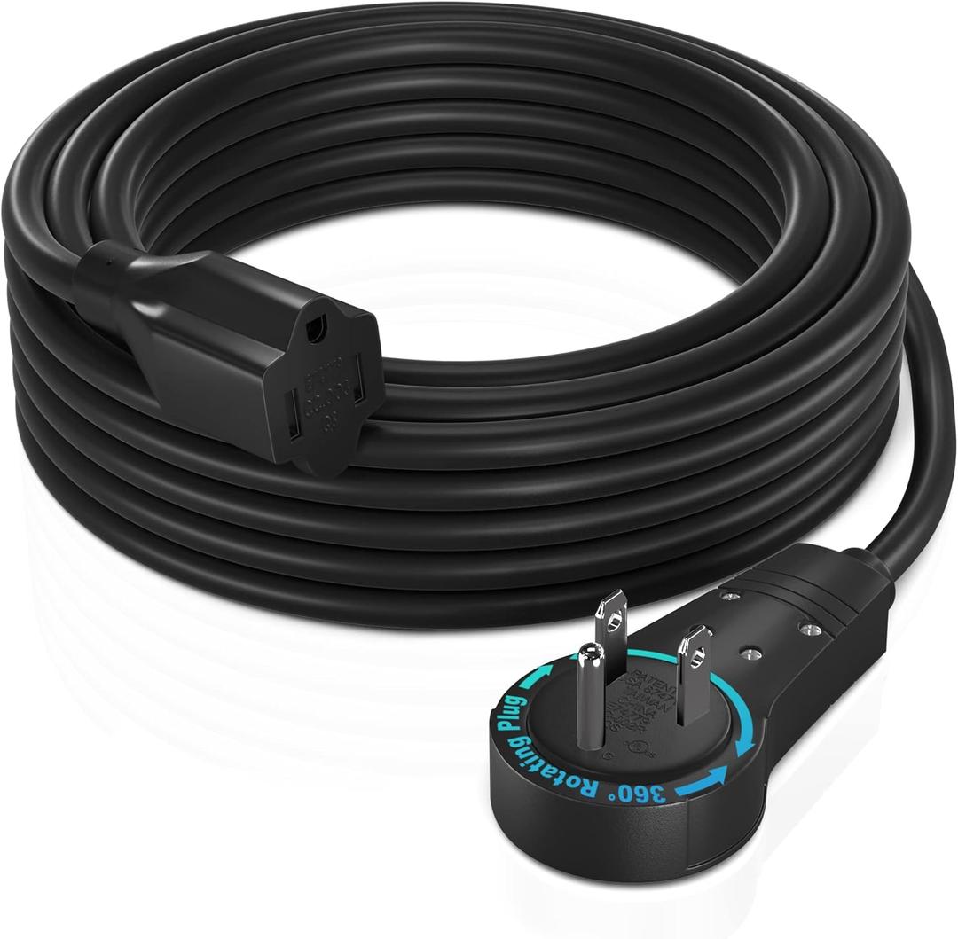 Maximm Cable 15 Feet 360 Rotating Flat Plug Extension Cord/Wire, 3 Prong Grounded Wire 16 Awg Power Cord - Black UL Certified