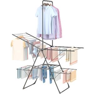 Bigzzia Clothes Drying Rack Foldable, 3-Level Large Laundry Drying Rack Collapsible, Stainless Steel Drying Rack Clothing for Indoor Outdoor, Easy to Fold, Drying Rails 68.9" H, Gray