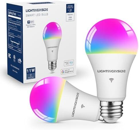 Lightinginside Smart Light Bulbs 100W Equiv., 1350LM 11W Smart Bulb Works with Alexa/Google Home/Smart Life, A19 E26 RGBCW Color Changing, No Hub Required, 2.4G WiFi Bluetooth Bulb, ETL Listed, 2PCS