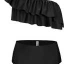 VIMPUNEC Ruffle One Shoulder Swimsuits for Women Striped High Waisted Two Piece Bathing Suits (Black, S)