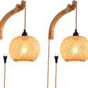 Plug in Wall Sconce,Farmhouse Wicker Wall Lamp Plug in,Hand Woven Rattan Wall Light Farmhouse Rustic Boho Sconces Wall Lighting for Living Room Bedroom (2 PACK, 2 Packs Bamboo)
