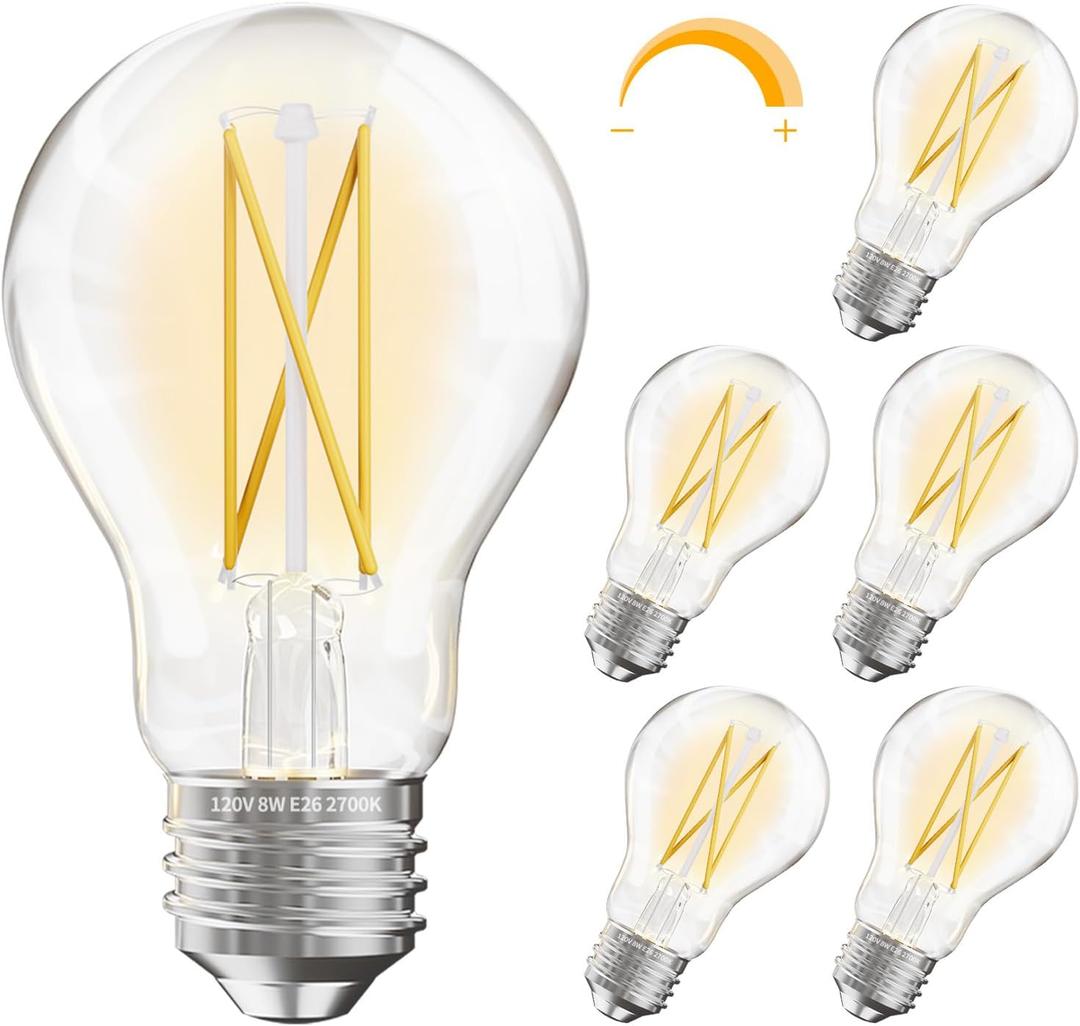 DAYBETTER 6 Pack A19 Vintage LED Edison Bulbs, 60W Equivalent Dimmable LED Bulbs, High Brightness 2700K Warm White, 800 Lumens, 8W E26 Standard Base, CRI80+, Clear Glass Filament Bulb for Living Room