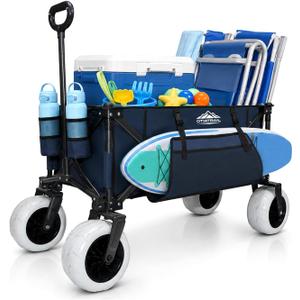 X800 200L Foldable Beach Wagon with 9" Flat-Free PU Wheels, Heavy Duty Utility Wagon Cart for Beach, Camping, Sports, Shopping, Garden, Navy Blue