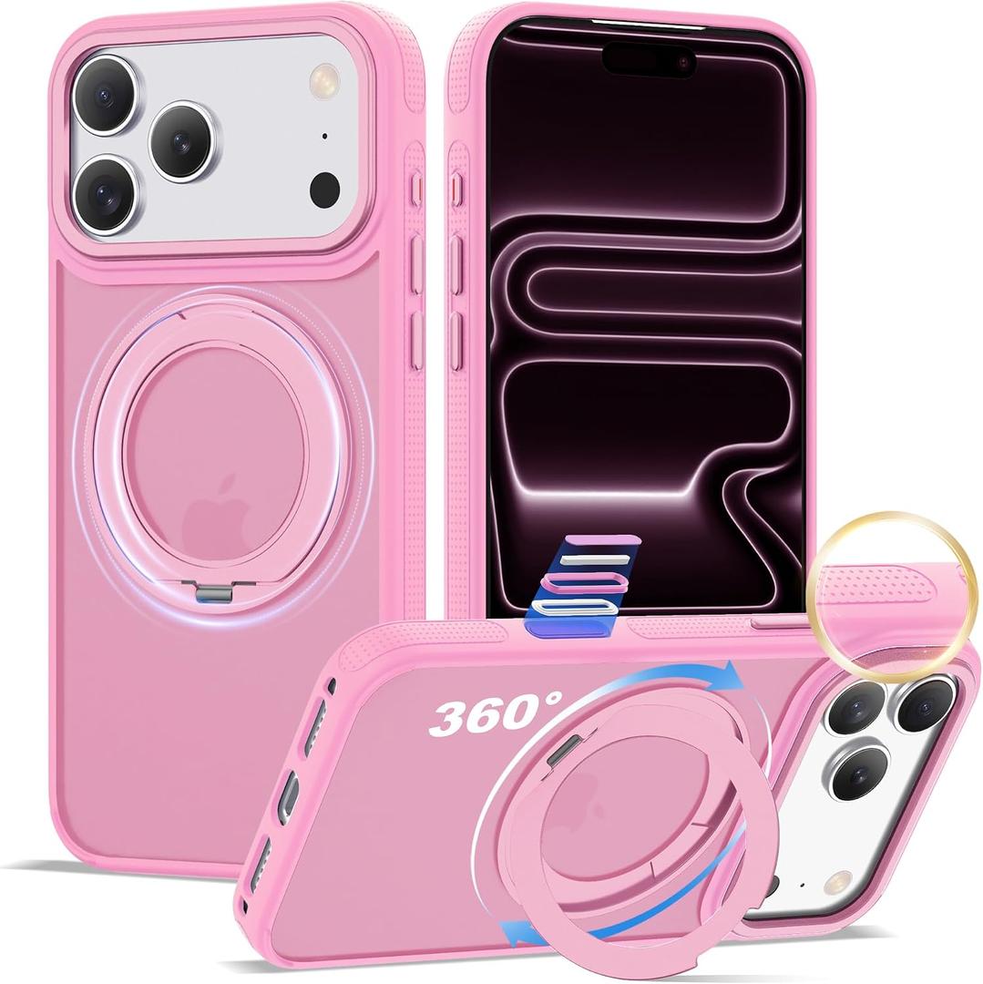 XIQI Compatible with iPhone 17 Pro Max Case 6.9'' with Magnetic 360 Rotatable Ring Stand & AI Camera Control Button[Compatible with Mag-Safe] Translucent Matte Phone Cover for Men Wowen,Pink