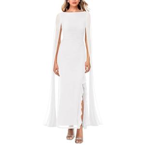 Lrady Women's Formal Evening Gowns High Split Ruffle Wedding Guest Cape Sleeve Cocktail Party Maxi Dresses, White, X-Large