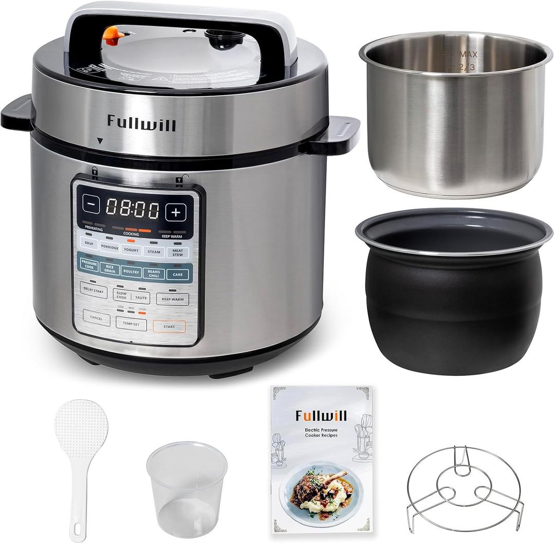 Fullwill Electric Pressure Cooker 6QT Dual Pots, 12 in 1 Multi Function Cooker with 304 Stainless Steel & Ceramic Pots, Pressure Cook, Soup, Porridge, Yogurt, Meat Stew, Rice, Poultry, Beans and More (silver)