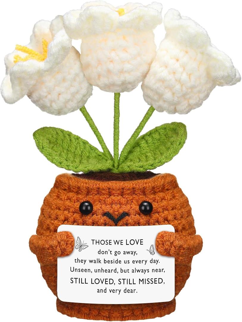 Janinka Sympathy Gift for Loss of Loved One Memorial Crochet Flower Remembrance Bereavement Decor Grief Support Gift for Grandpa Grandma Mom Dad Women Friends(White,Lily of The Valley)