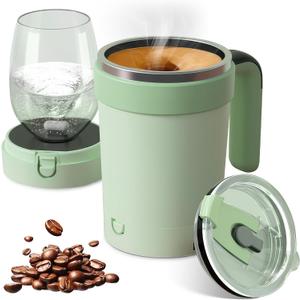 Self Stirring Coffee Mug, Self Heating Coffee Mug, Magnetic Stirring Removable Base & Double Nozzle Design 304 Stainless Steel Cup for Coffees, Milk, Office, Travel (Green)