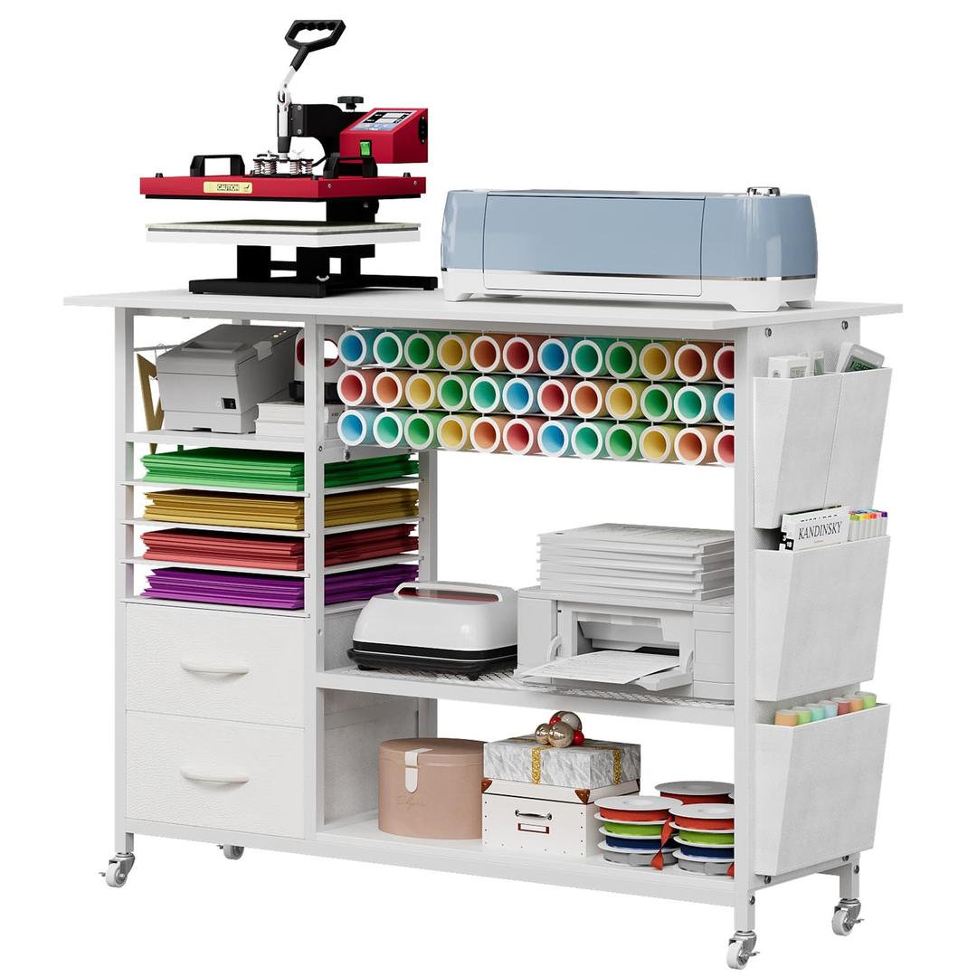 VENNQD Large Heat Press Table Stand, Rolling Heat Transfer Machine Desk Cart Drawers Compatible with Cricut Machines Vinyl Roll Holder DIY Organizer Crafting Table Workbench (White)