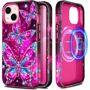 Casetego for iPhone 13 Case,iPhone 14 Case,Compatible with MagSafe,[Military Grade Drop Test] Full Body Protection Slim Shockproof Rugged Marble Women Girls Case for iPhone 13/14 6.1 inch,Ruby Red