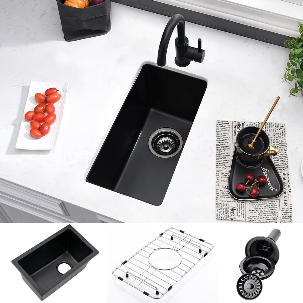 12 Inch Black Bar Sink Undermount-VASOYO 12x16 Rv Sink Kitchen Bar Sinks Black Quartz Composite Oudoor Single Bowl Deep Kitchen Sinks with Bottom Grid, 12"x16"x10"