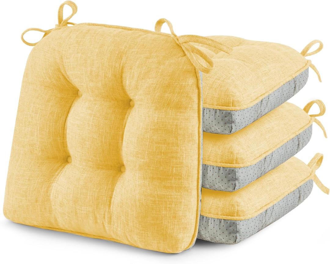 puredown Chair Cushions for Dining Chairs, Tufted Memory Foam Chair Pads with Non-Slip Backing, Kitchen Seat Cushions with Ties, Washable Pads Set of 4, 15.5" x 15.5" x 4", Yellow