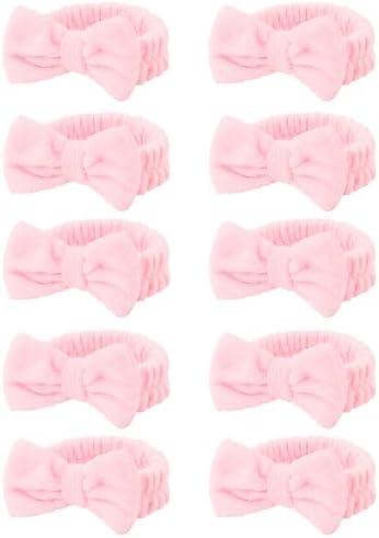 Pack of 10, Pink Makeup Headbands, Hair Band for Washing Face, Soft Coral Fleece Makeup Headband for Girls, Bow Hair Bands, Beauty Headbands for Face Washing Shower Skin Care Yoga