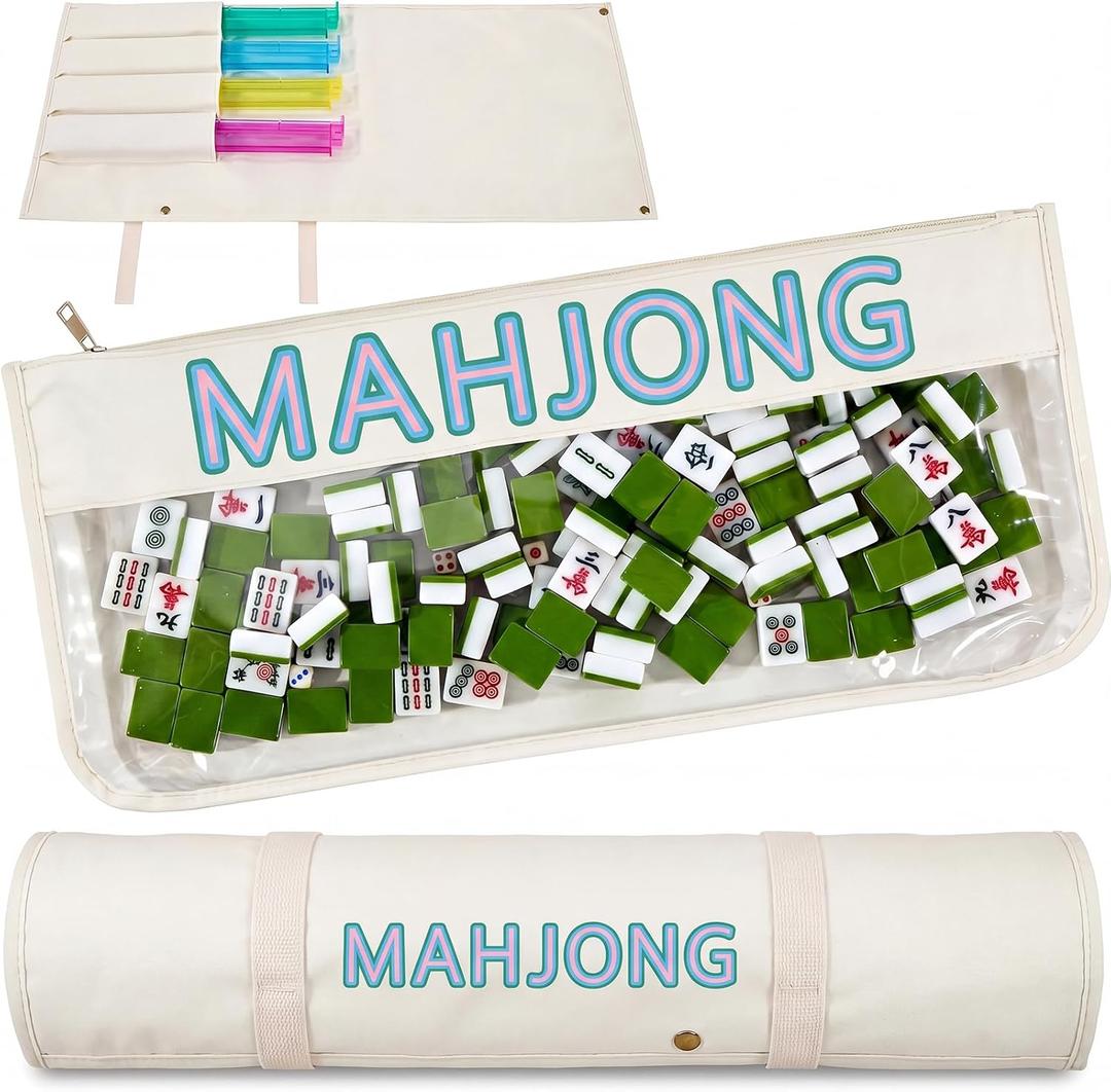 2 Pcs Mahjong Bags for Racks and Tiles Include Mahjong Tile Bag & Rack Bag, 37 Inch Protective Sleeve Tile Gift Accessory & Letter for Mah Jong Pusher, Not Include Racks& Tiles(White)