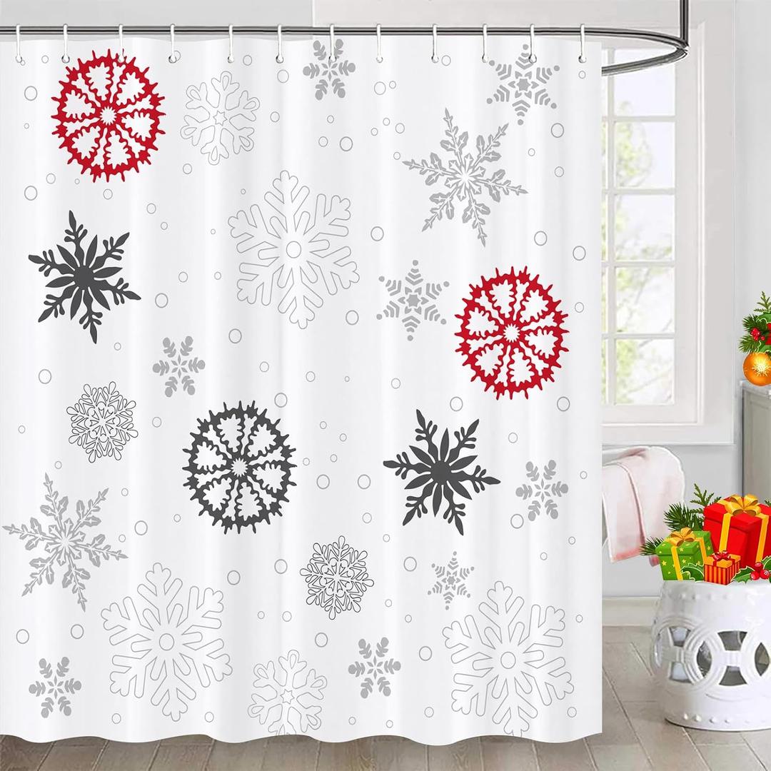 Winter Christmas Shower Curtains for Bathroom Red Grey Snowflake Shower Curtains Waterproof Bathroom Curtain with 12 Hooks Machine Washable Home Xmas Decor 72"X72"