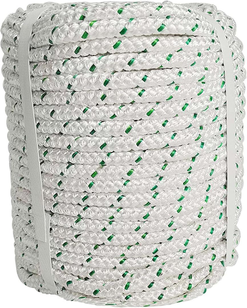 3/8 in Braid Polyester Rope, 100 FT Arborist Rigging Rope for Camping Swings Gardening Marine (White)
