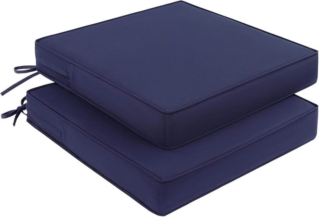 Pauwer Outdoor Chair Cushions Set of 2, Waterproof Outdoor Cushions for Patio Furniture, High Resilience Foam Seat Cushion with Ties for Outdoor Patio Garden Sofa, 19 x 19 x 3 Inch, Navy Blue