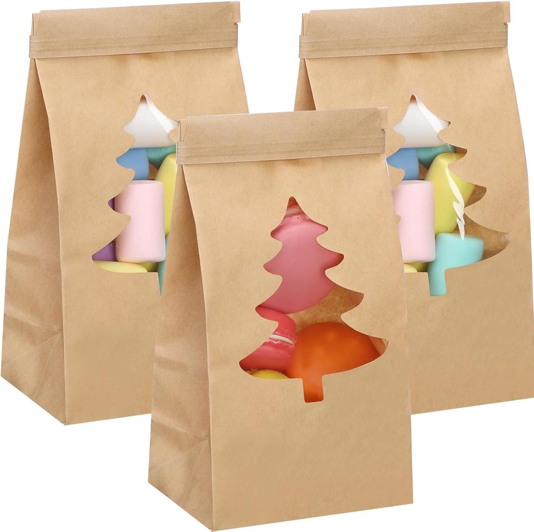 Harloon 48 Pcs Small Christmas Bakery Bags with Window 3.54 x 2.36 x 6.69 Inches Xmas Kraft Paper Iron Wire Tie Tab Lock Bags for Bakery, Cookie, Coffee Bean, Candy, Snack