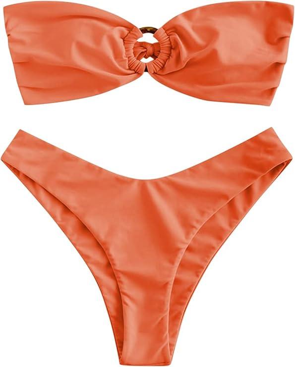 ZAFUL Women's Bandeau Bikini O Ring Strapless Tie Back High Cut Two Piece Swimsuit Bathing Suits (Orange, L)