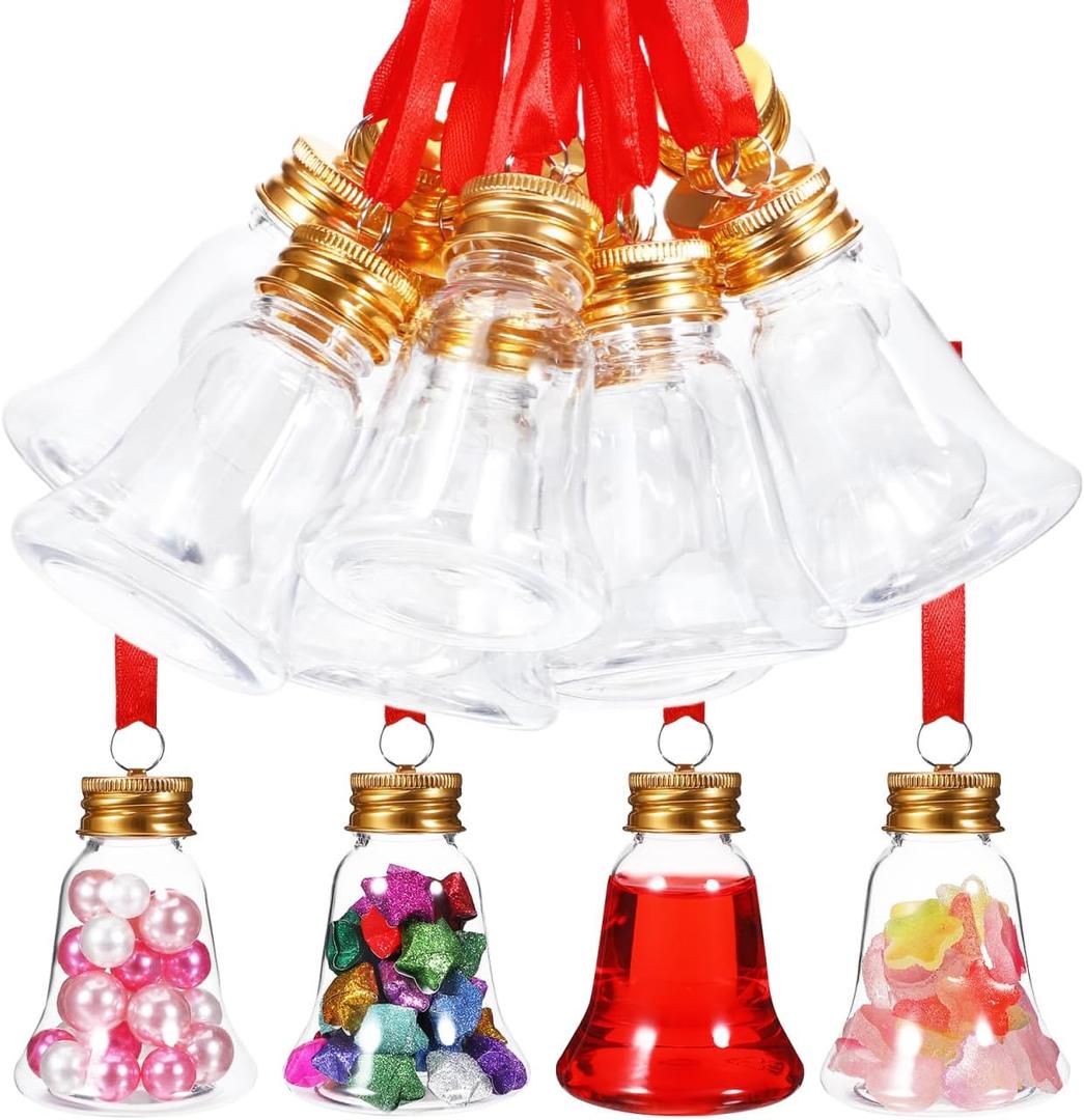 GLEAVI 12pcs Christmas Fillable Bell Ornaments, 50ml Clear Plastic Booze Balls with Screw Caps & Red Ribbons, Fillable Ball Bottles for Drinks, Candy & DIY Xmas Party Decorations