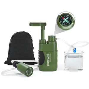 Purewell Water Purifier Pump with Replaceable Carbon 0.01 Micron Water Filter, 4 Filter Stages, Portable Outdoor Emergency and Survival Gear - Camping, Hiking, Backpacking (Green-2)