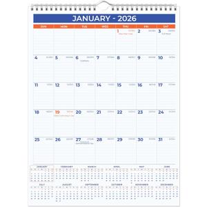 2026 Wall Calendar - January 2026 - December 2026, 12 Monthly Hanging Calendar, 2026 Planner, Size 11" x 17", Spiral Binding, Holidays, Julian Dates, Large Blocks, Twin-Wire Binding, Hanging Hook (Blue and White)