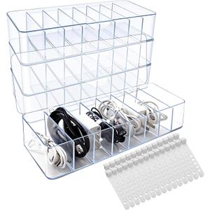 Cheardia 4 Pack Cable Storage Organizer, 10 In Plastic Cord Storage Box with 30 Wire Ties, Clear Charger Organizer with Lid for Office Home Desk Accessories