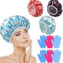 Pack of 2 my novel things Shower Cap Reusable Waterproof 3PC with Exfoliating Bath Gloves 3 Pairs, Large Shower Caps for Women Satin Lined Long Hair Locs Curly All Hair