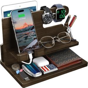 Gifts for Men Wood Phone Docking Station for Men Nightstand Organizer Gifts for Dad Charging Station Cell Phone Stand Desk Organizer Gifts for Husband Boyfriend Brother Son (Grey)