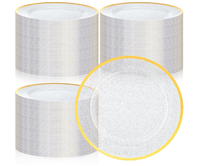 Clear Charger Plates Bulk 100, Round Plate Chargers with Gold Rim | 13" Plate Charger for Dinner Plates, Beaded Charger Plates Bulk Wedding, Plastic Table Chargers for Party, Banquet, Christmas