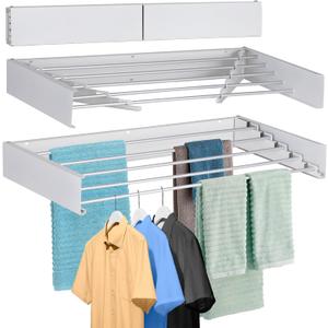 FOCHIER F Laundry Drying Rack Wall Mounted Clothes Drying Rack Collapsible with 5 Aluminum Rods and Drilling Template Long Screwdriver Bit 60 lbs Capacity (White, 31.5")