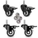 2 Inch Swivel Stem Casters Heavy Duty Double Locking, 600lbs Load Capacity, 3/8-16x1 Threaded Stem Swivel Castors with Brakes, Noiseless, Set of 4 Industrial Castors for Furniture, Carts(Black)