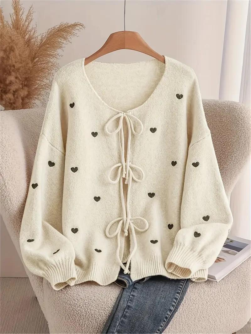 Kipfall Womens Bow Tie Front Cardigan Sweaters Long Puff Sleeve Cute Print Jacket Coats 2025 Trendy Fall Winter Outfits, Large