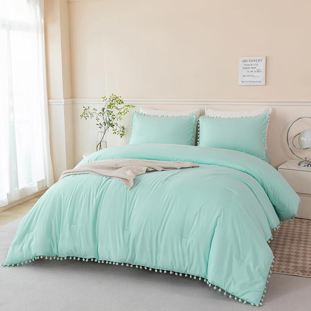 PERFEMET Mint Green Comforter Full Size 5 Piece Bed in A Bag Set Boho Pom Pom Girls Bedding Comforter Set Soft Fluffy Kids Solid Bed Set with Sheet(Mint Green, Full) (Full(5 Pcs))
