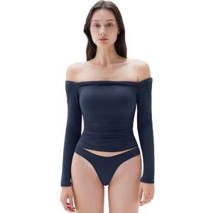 SUUKSESS Women Padded Off The Shoulder Tops Double Lined Going Out Long Sleeve Fitted Basic Fall Shirts(Navy Blue, XS)