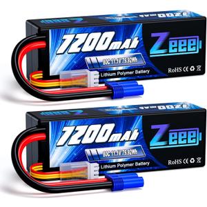 Zeee 3S Lipo Battery 7200mAh 11.1V 80C Hard Case RC Lipo with EC5 Connector for 1/5 1/8 1/10 RC Car Boat Truck Heli Airplane UAV Drone FPV Racing Models(2 Packs)